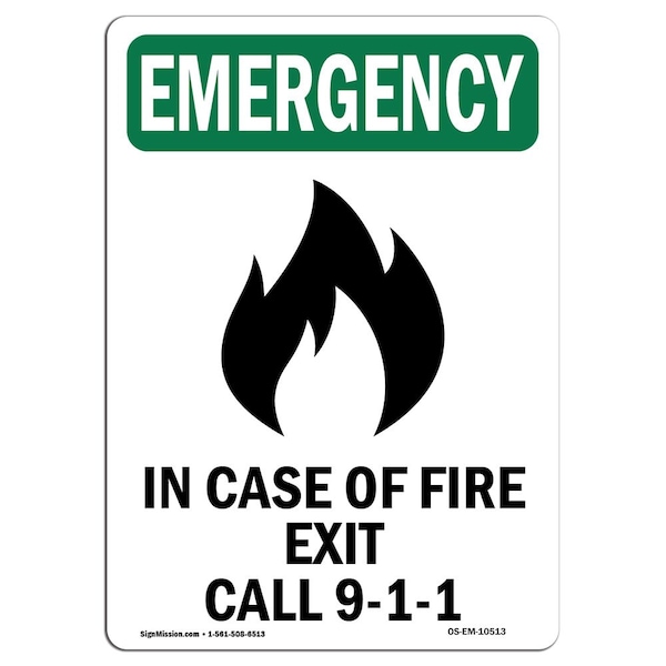 OSHA EMERGENCY Sign, In Case Of Fire Exit W/ Symbol, 14in X 10in Aluminum, 10"W, 14" L, Portrait